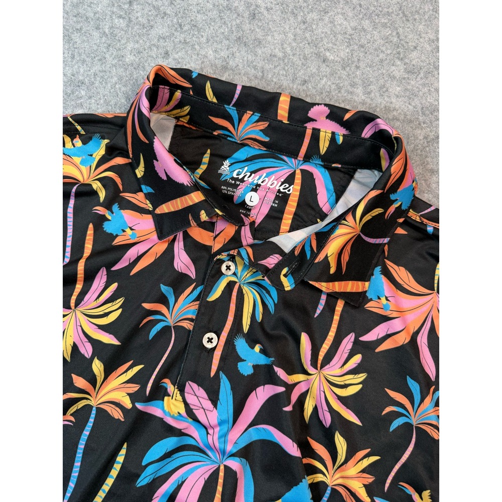 Chubbies Mens Large Tropical Palm Tree Bird Print Performance Polo Shirt Black